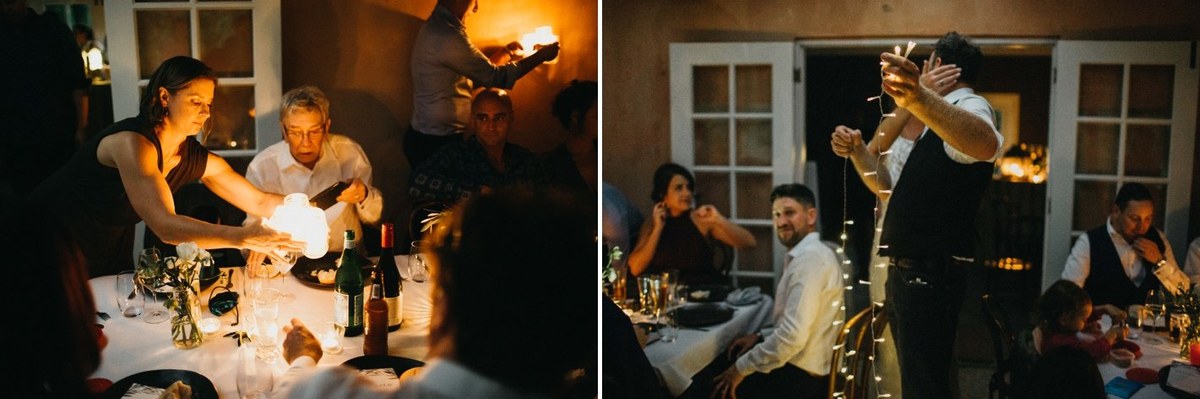 Guests share plated dinner at the reception table. Photograph by documentary wedding photographer Joshua Mikhaiel.