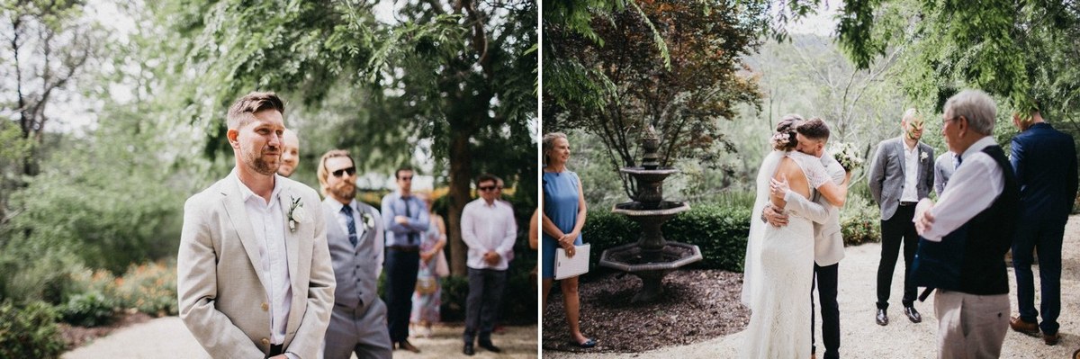 The bride and groom greet guests in a pair of garden moments. Photograph by documentary wedding photographer Joshua Mikhaiel.