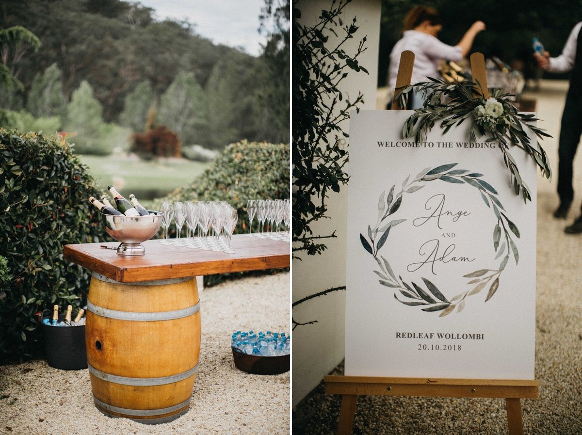 A drinks station and printed wedding sign appear in a collage. Photograph by documentary wedding photographer Joshua Mikhaiel.