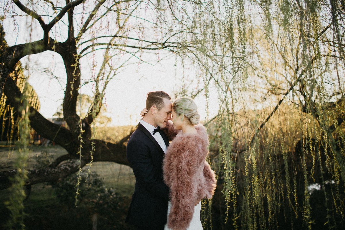 Wedding portrait in Toowoomba A couple stand together outdoors beside a tree.