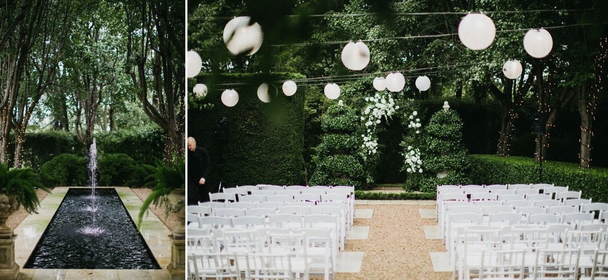 A garden path and outdoor table are set beneath hanging globe lights. Photograph by documentary wedding photographer Joshua Mikhaiel.