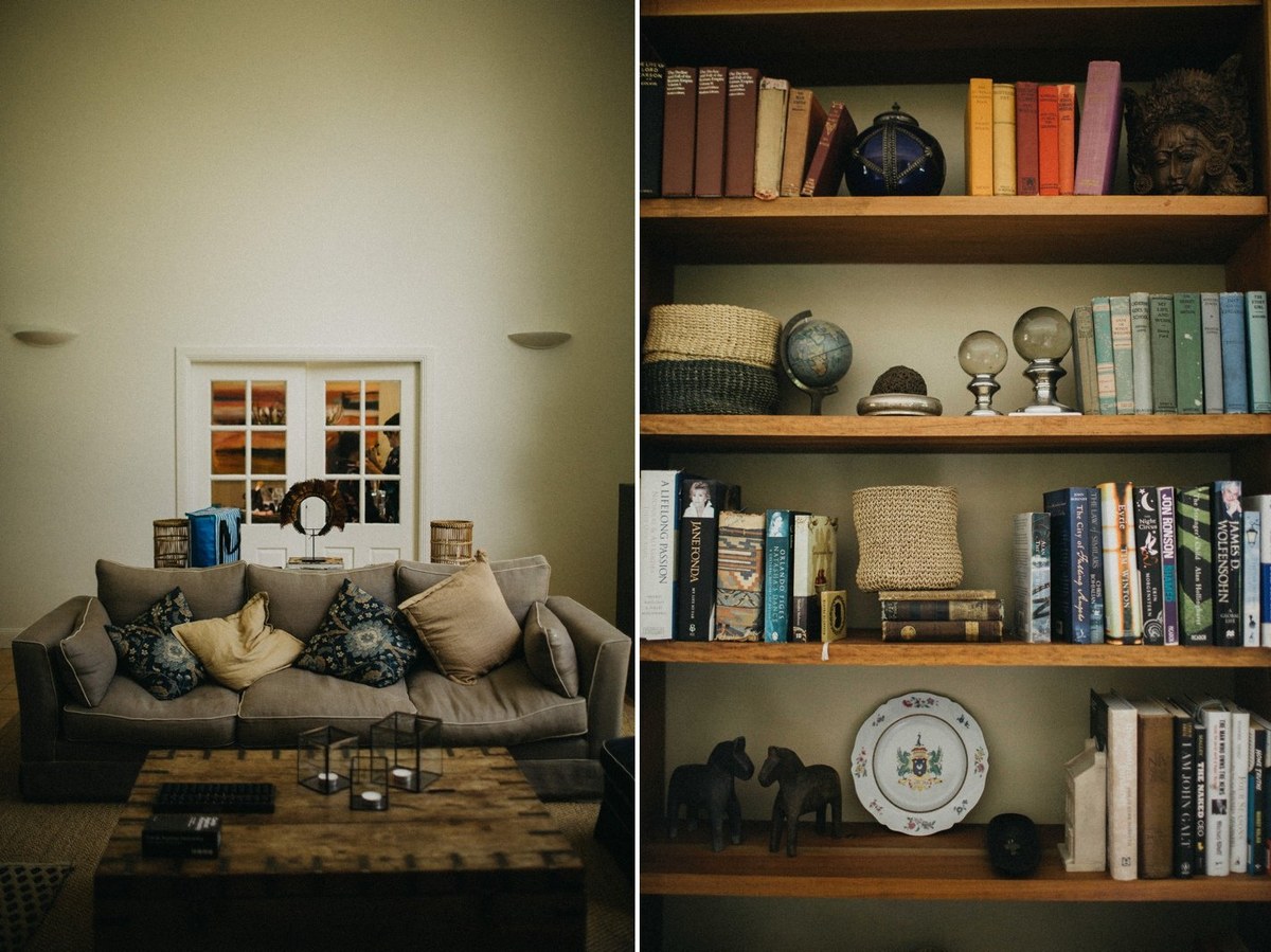 A sitting room and shelves of books appear in a two-photo collage. Photograph by documentary wedding photographer Joshua Mikhaiel.