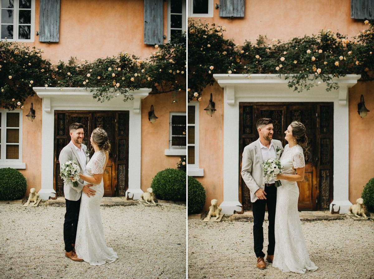 The couple pose in front of the homestead in two portraits. Photograph by documentary wedding photographer Joshua Mikhaiel.