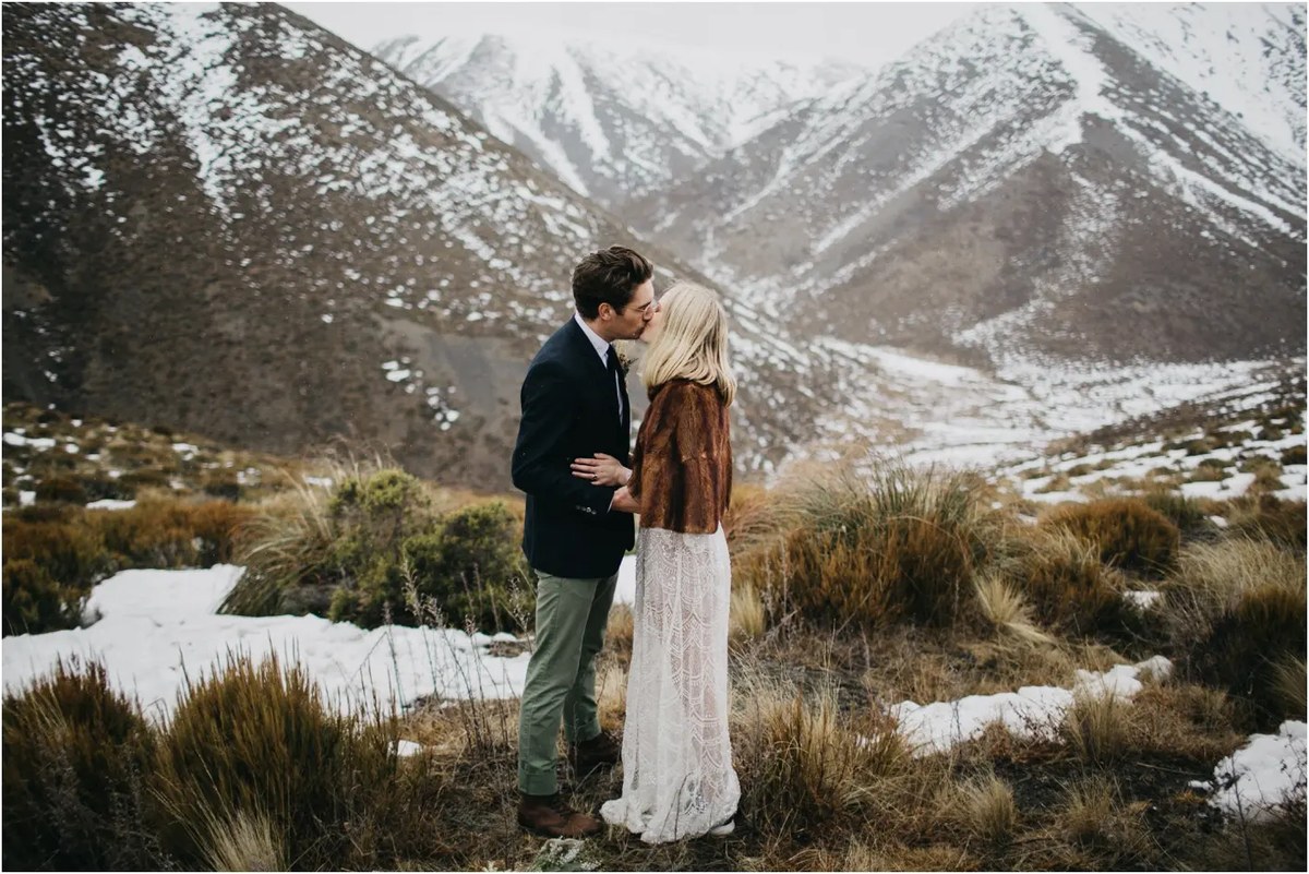 A bride models a long-sleeved lace gown with a fur wrap, shown in two portraits, photographed by documentary wedding photographer Joshua Mikhaiel.