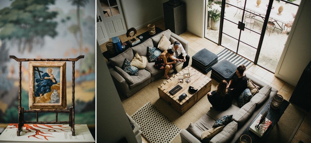 A sitting room and library shelves are shown in a two-photo collage. Photograph by documentary wedding photographer Joshua Mikhaiel.