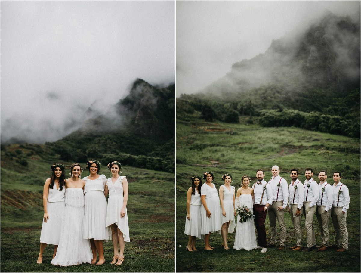 Wedding party in the mountain mist — Joshua Mikhaiel, documentary wedding photographer Two wedding parties pose together in a misty mountain landscape. Photograph by documentary wedding photographer Joshua Mikhaiel.