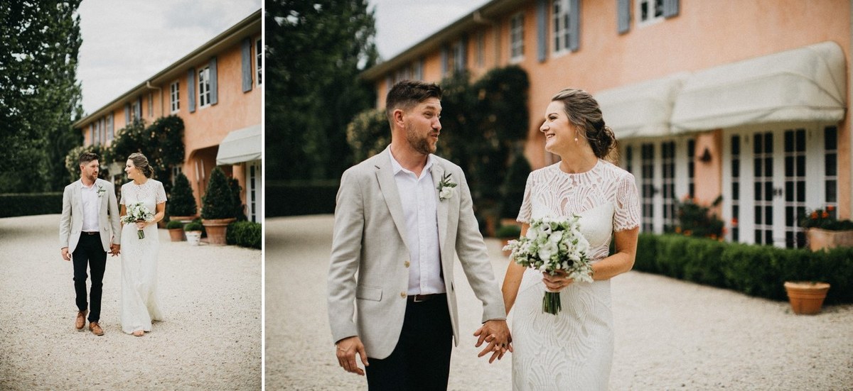 The couple walk across the lawn in a two-photo collage. Photograph by documentary wedding photographer Joshua Mikhaiel.