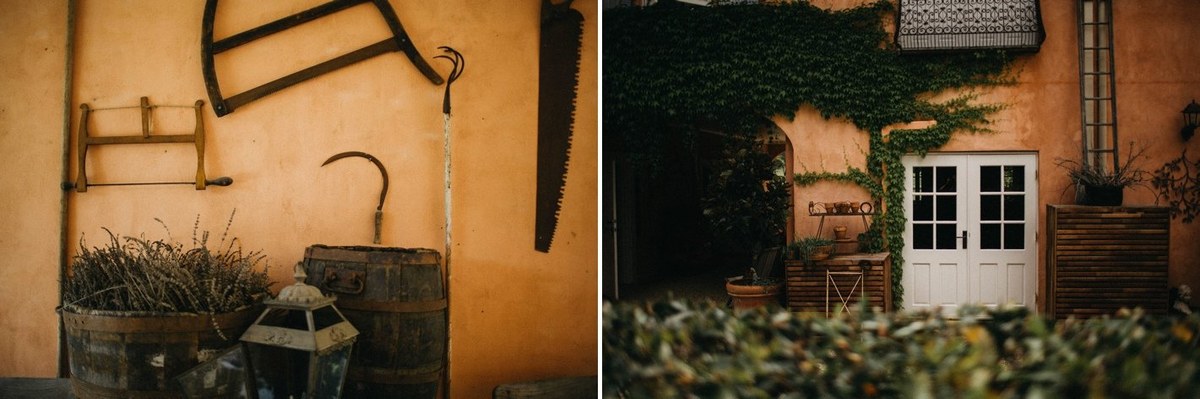 A timber bathroom and garden entrance appear in a two-image collage. Photograph by documentary wedding photographer Joshua Mikhaiel.