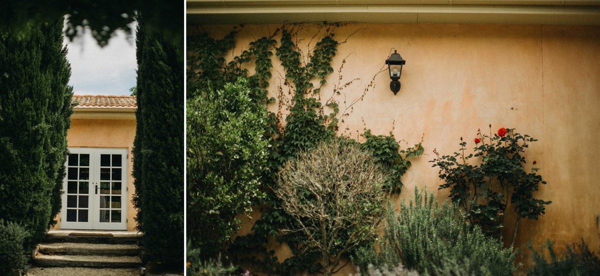 A garden entrance and cottage windows appear in a diptych. Photograph by documentary wedding photographer Joshua Mikhaiel.