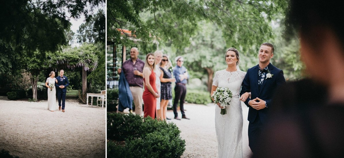 The bride and her attendants approach along the garden path in a two-photo collage. Photograph by documentary wedding photographer Joshua Mikhaiel.