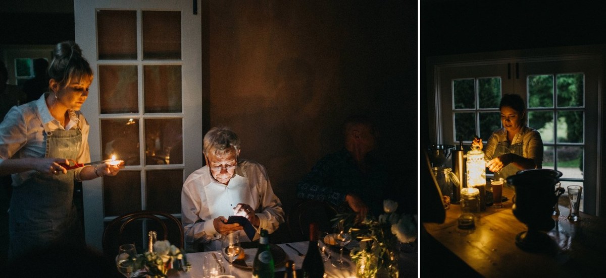The bride and groom sit with guests at a candlelit table in two moments. Photograph by documentary wedding photographer Joshua Mikhaiel.