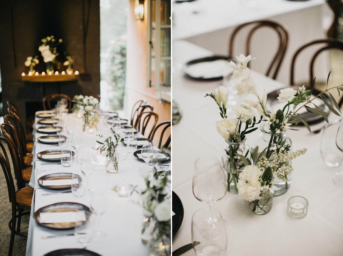 Flowers and place settings decorate the reception tables in a collage. Photograph by documentary wedding photographer Joshua Mikhaiel.
