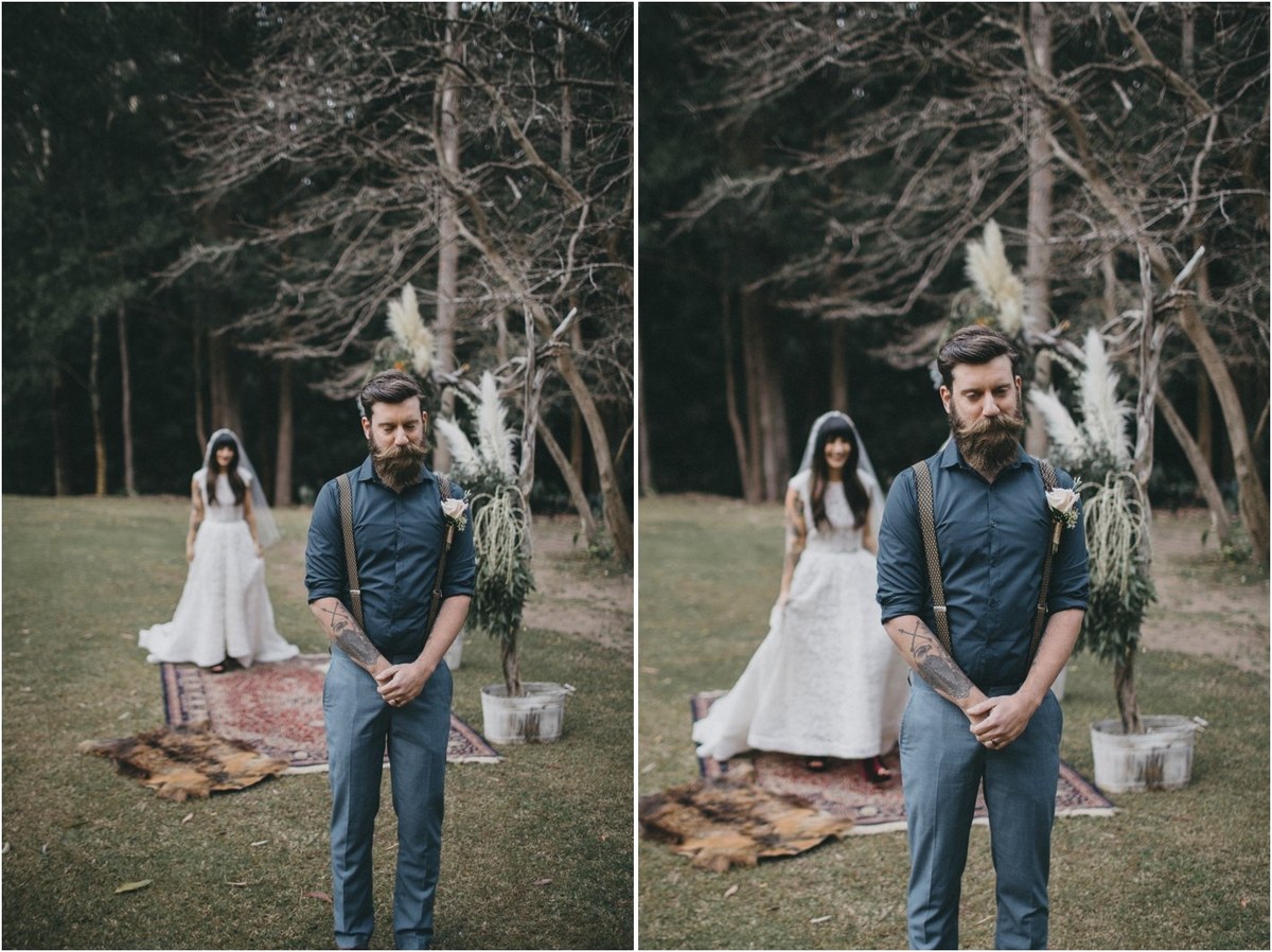 The bride and groom walk together across a picnic blanket in Royal National Park, photographed by documentary wedding photographer Joshua Mikhaiel.