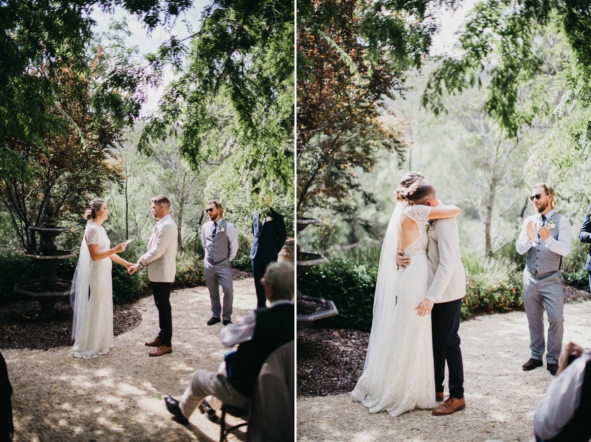 The bride and groom exchange vows beside the garden fountain. Photograph by documentary wedding photographer Joshua Mikhaiel.