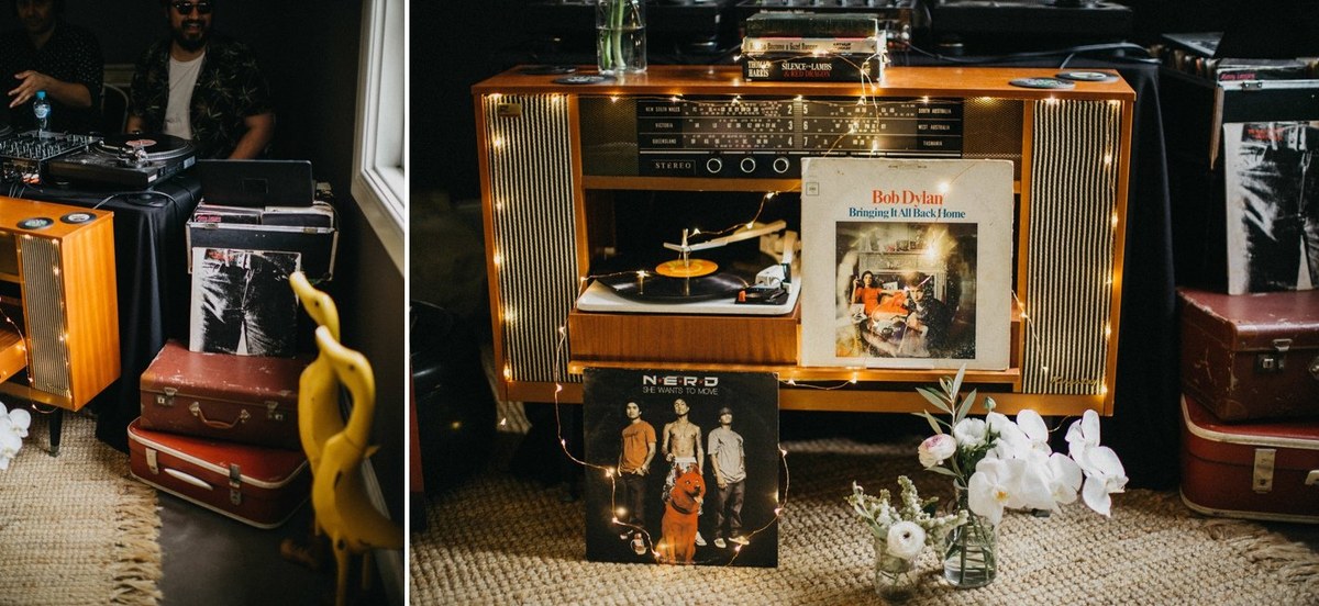 A DJ booth and sound equipment are shown in a reception collage. Photograph by documentary wedding photographer Joshua Mikhaiel.