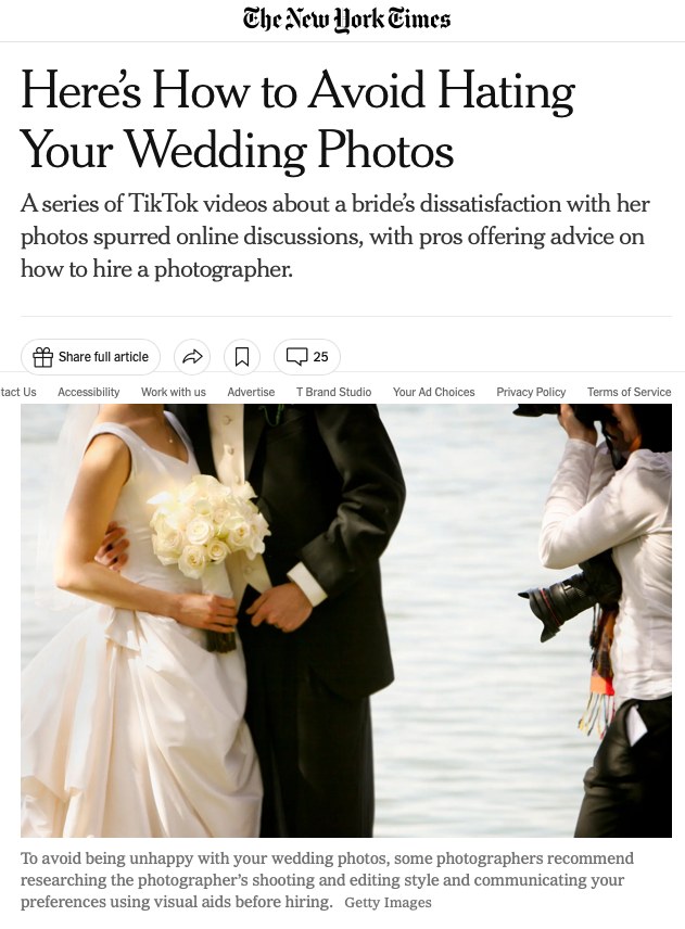 Article about wedding photos A screenshot of an article titled “Here’s How to Avoid Hating Your Wedding Photos.”